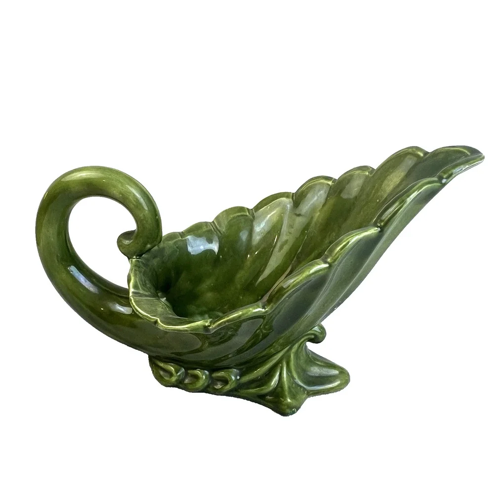 Vintage Ceramic Vase Dark Green Mid Century Modern Home Decor Cornucopia Bowl